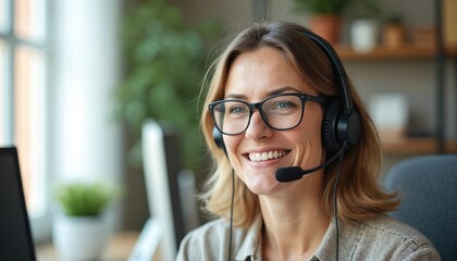 Middle aged woman with headset works from call center. Customer support operator. Smiling blonde with glasses looks at camera. Beautiful adult. Indoor workplace background. Happy, positive sales
