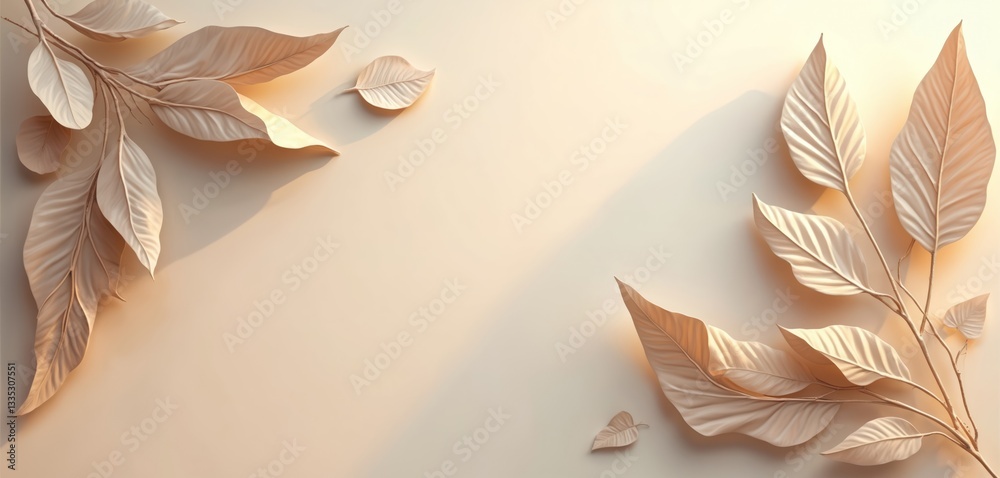 Poster Elegant abstract leaves lay on light beige background creating serene sophisticated design. Natural foliage decoration looks stylish, minimalistic. Gentle shadows layered texture. Perfect for