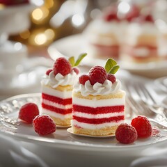 Delightful raspberry cakes served on elegant plates, selective focus