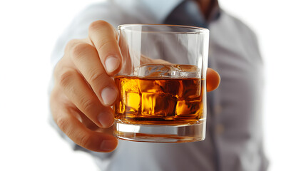 A man is holding a glass of liquor with ice cubes in it. The glass is half full and the man is smiling