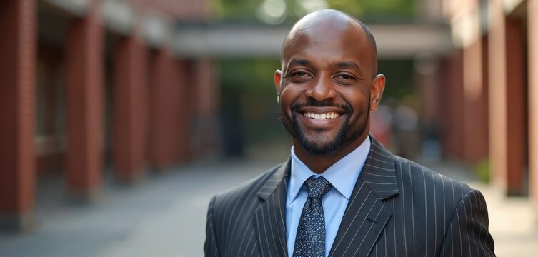Smiling African American superintendent leader of school district wearing suit, tie. Corporate executive, manager stands outdoor. Happy academic professional, educator poses in college campus, ready