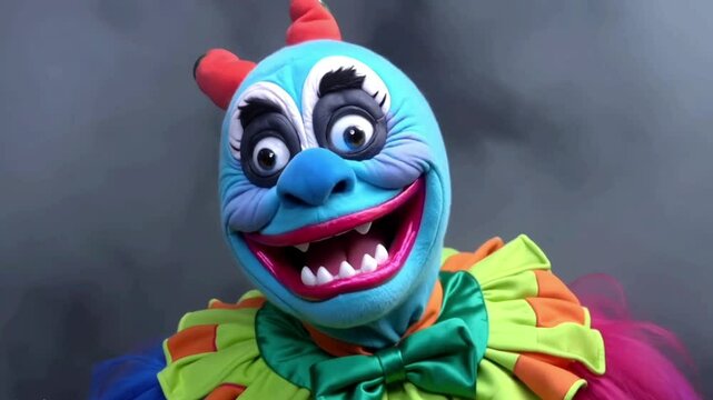 smiling bright clown doll in a strange crazy smile on a gray smoky background