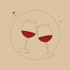 Minimalist line art illustration of two wine glasses clinking together, filled with red wine, on a beige background. Perfect for celebrations, branding, menus, and elegant designs.

