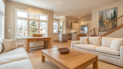 Fototapeta premium A cozy yet modern living room in beige tones with white sofas, a wooden coffee table, and light wood floors