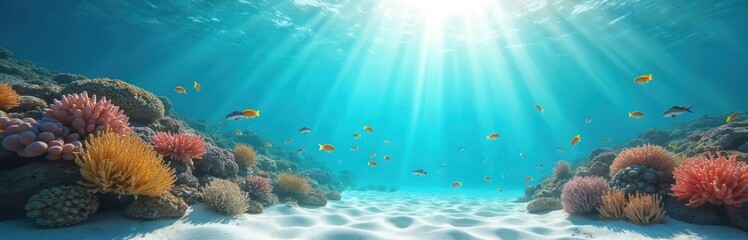 Underwater coral reef with blue sea and ocean. Various colorful fish swim around corals. Rays of sunlight penetrate water surface. Fascinated by undersea world beauty. Ideal nature background.