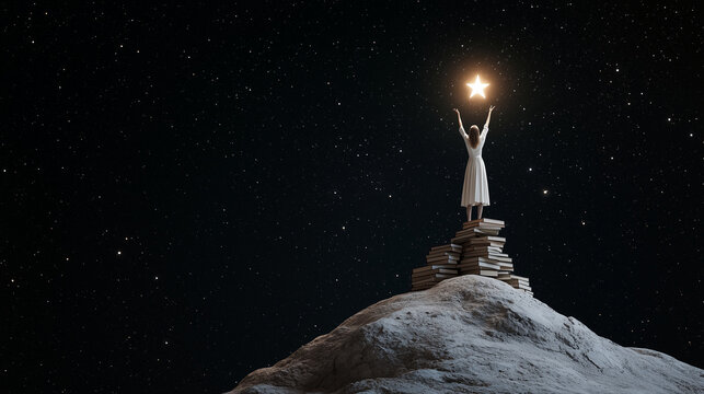 A woman standing on a mountain of books reaching for a star