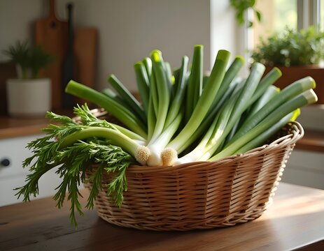 Basket of leeks on kitchen table.