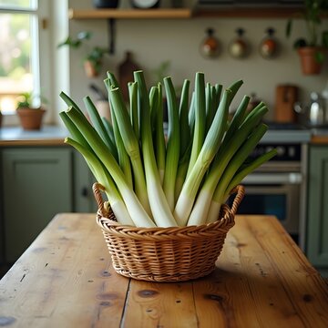 Basket of leeks on kitchen table.