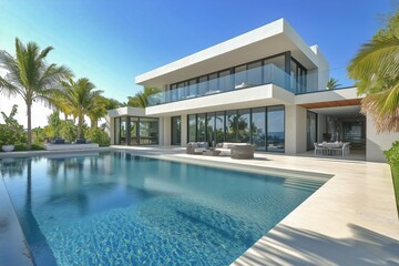 Fototapeta premium Modern Beachfront Villa With Pool and Tropical Landscaping in Sunny Destination