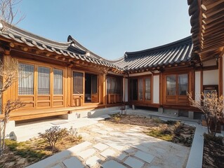 Naklejka premium A beautiful wooden building with a courtyard and tiled roof