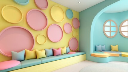 A joyful childrena??s playroom with a feature wall filled with colorful circular designs in mustard yellow, coral pink, and teal green