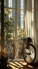 Sunlight Streaming Through a Window Onto a Vintage Bicycle by a Garden in a City Apartment
