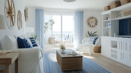 A bright coastal-style apartment with white furniture, nautical decor, and blue accents