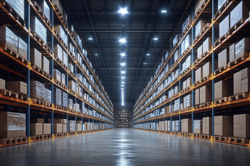Spacious warehouse interior with organized shelves during daytime 
