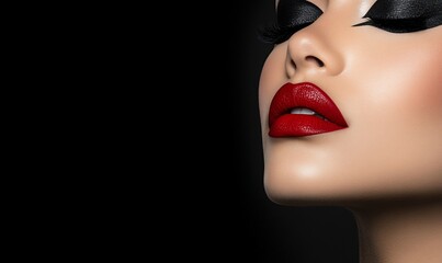 Close-up of a woman's face with dramatic red lips and dark eye makeup against a black background