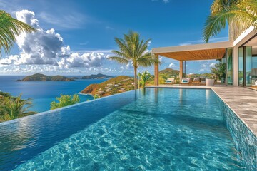 Fototapeta premium Luxurious Infinity Pool Overlooking a Serene Ocean on a Sunny Day