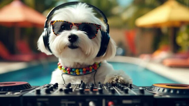 dog breed Maltipoo - DJ at the DJ console, mixing music, wearing big headphones, at outdoor summer pool or beach party - lifestyle concept