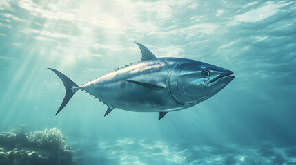 A photorealistic depiction of a tuna gliding through crystal-clear waters near the ocean’s surface, its sleek metallic scales reflecting soft sunlight, surrounded by faint coral formations