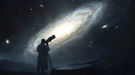Fototapeta premium Scientist observing galaxies through telescope in midnight lab
