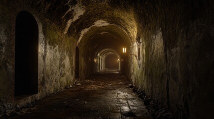 Obraz premium Eerie Underground Tunnel with Arched Passages and Dim Lighting Ideal for Mystery Horror and