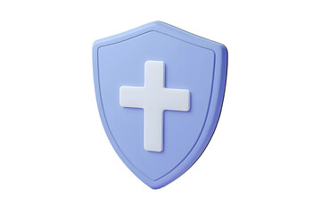 Fototapeta premium 3d Shield with a cross icon symbol on isolated purple background. Protection of health from diseases. Healthcare security insurance medical concept. 3d Minimal insurance blue shield icon. 3d render.