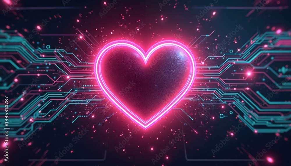 Poster Futuristic Valentines Day banner featuring glowing neon heart. Digital circuit patterns, binary code convey techno love, cybernetic affection, electronic emotion. Perfect for tech-themed romantic