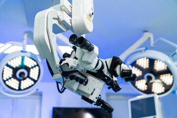 Microscope in neurosurgery. High-tech surgical microscope in an operating room for a neurosurgery...