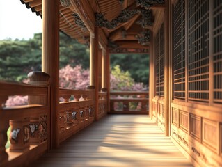 Obraz premium Beautiful wooden porch and walkway leading to natural scenery