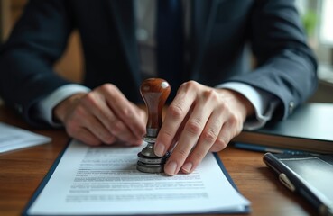 Man stamps document on desk. Rubber stamp in businessman hands. Office paperwork with official approval, business certificate, company guarantee. Lawyer approves contract or signs legal paper.