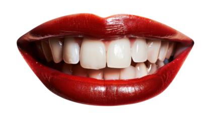 Woman smiling showing white teeth and red lipstick on transparent background