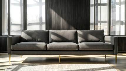 A minimalist living room featuring a soft charcoal gray fabric three-seater sofa with brass metal legs, set against a retro-style black wood grain background wall