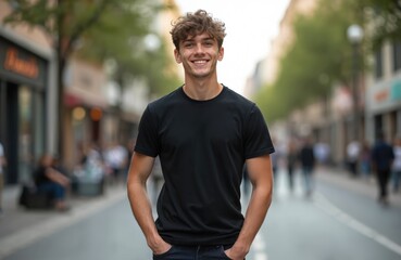 Fototapeta premium Smiling young man model wears black t-shirt on city street. Boy posing in stylish casual clothes, hands in pockets. Fashion, youth culture, male urban style.