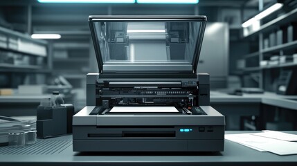 Fototapeta premium High-Resolution Scanner on a Desk in a Modern Office Setting, Featuring a Paper Feed Tray and Sleek Design Aesthetics
