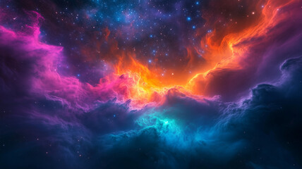 Fototapeta premium Vibrant Cosmic Nebula Explosion in Space - Stunning colorful nebula with bright orange, pink, and blue hues in deep space, ideal for sci-fi themes, fantasy, and space art backgrounds
