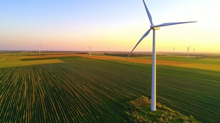 Modern wind turbines installed across agricultural farmland during sunset