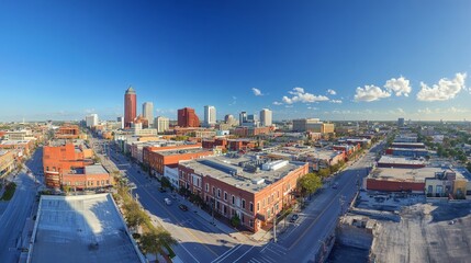 Aerial view showcases buildings and city streets under a bright blue sky
