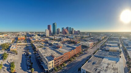 Aerial view showcases an urban city skyline with skyscrapers and buildings