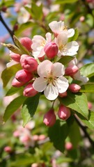Nahaufnahme von zarten Apfelbl&uuml;ten in Wei&szlig; und Rosa an einem Ast. Ideal f&uuml;r Fr&uuml;hlingsdesigns und botanische Hintergr&uuml;nde