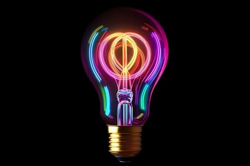 Colorful light bulb with swirling rainbow lines, isolated on a black background