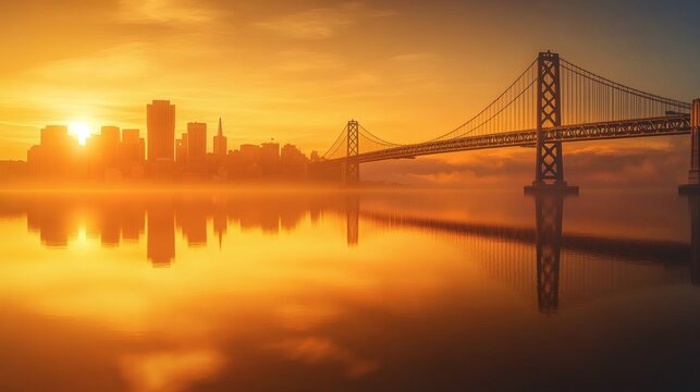 A beautiful sunrise over the city with its suspension bridge