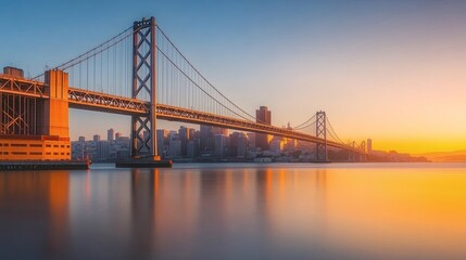 Obraz premium Beautiful cable suspension bridge spans tranquil water near city buildings