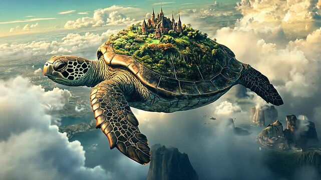 Majestic Sky Turtle Carrying a Verdant Island and Fantasy Castle through the Clouds