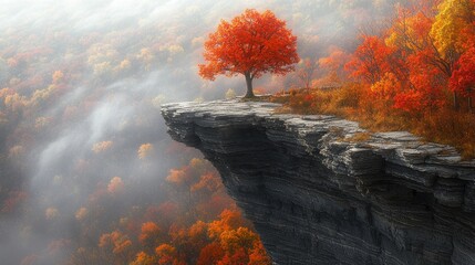 Solitary autumn tree on misty clifftop (1)