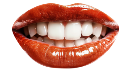 Woman biting her lip showing white teeth on transparent background