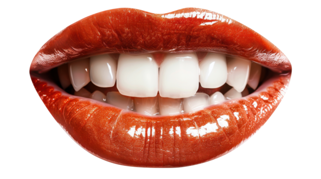 Woman biting her lip showing white teeth on transparent background