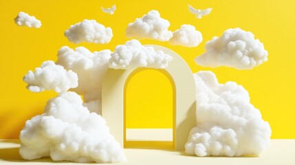 Dreamy Cloudscape: Yellow Archway and Fluffy Clouds