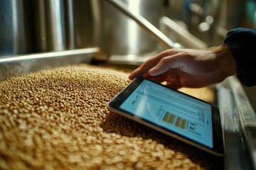 Operator checks yeast fermentation quality and temperature in tanker hops and malt using a tablet