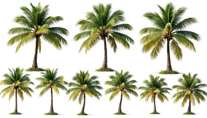 Set of coconut palm trees isolated on white background. Tropical evergreen tree. Green foliage. Summer nature scene. Exotic palms. Vacation theme illustration for print, design, web, travel, paradise
