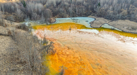 Drone image of the nature pollution and water contamination of the copper mine exploitation in...