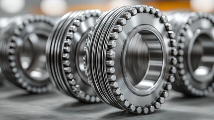 A collection of deep groove ball and roller bearings placed on a gray background with a soft focus. Close-up of axial chrome-plated round bearings designed for heavy machinery and mechanical engineeri